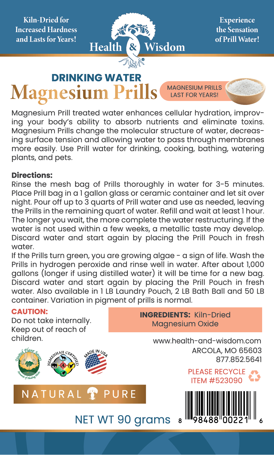 Health & Wisdom Magnesium Prills packaging for drinking water with text and images.