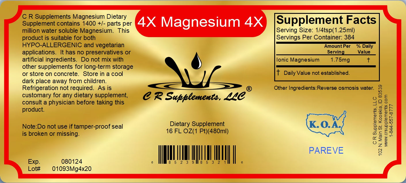 Ionic Liquid Mineral Supplement label for Magnesium by CR Supplements, featuring supplement facts and usage instructions.