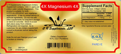 Ionic Liquid Mineral Supplement label for Magnesium by CR Supplements, featuring supplement facts and usage instructions.