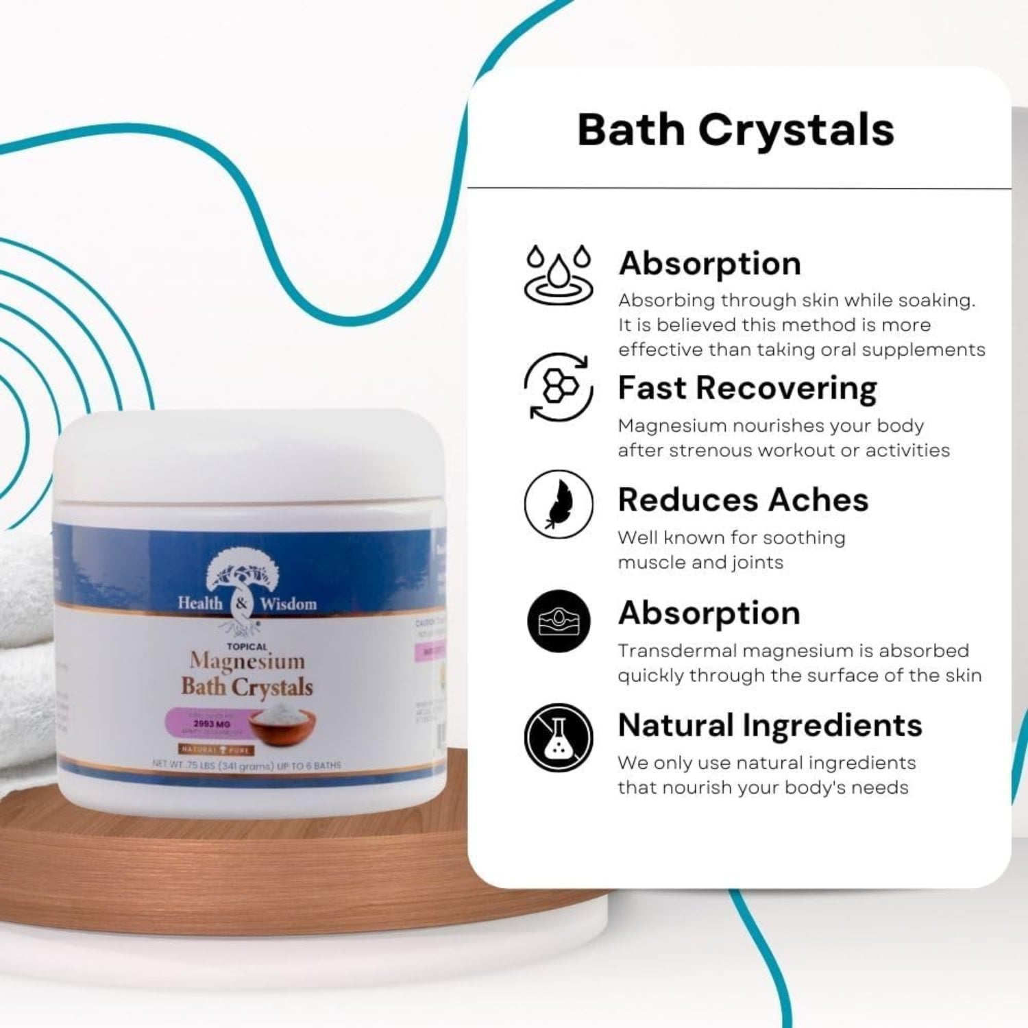Health & Wisdom magnesium bath crystals with benefits listed on a white background