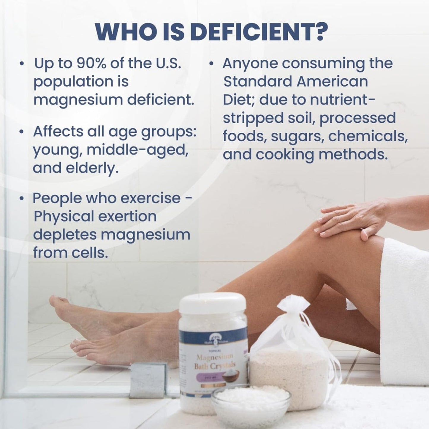 Information about magnesium deficiency with text and a product on a bathroom floor