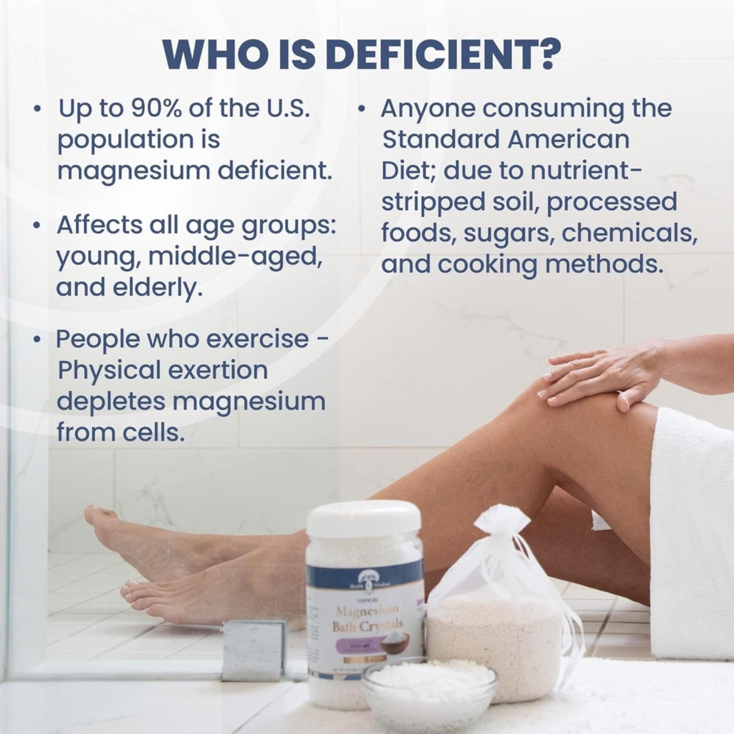 Information about magnesium deficiency with text and a product on a bathroom floor