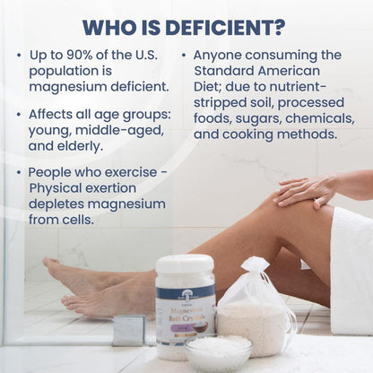 Information about magnesium deficiency with text and a product on a bathroom floor