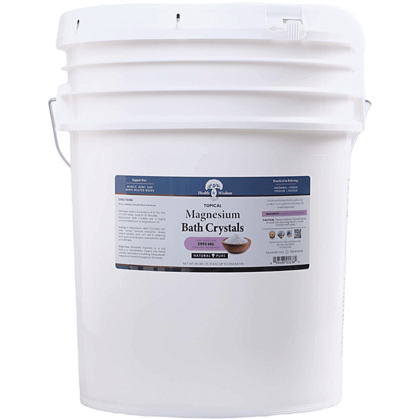 15.9kg White bucket of magnesium bath crystals with a label on a white background