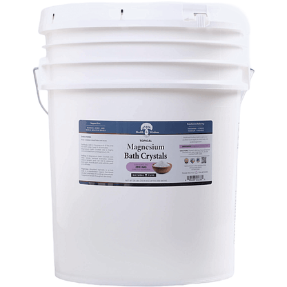 15.9kg White bucket of magnesium bath crystals with a label on a white background