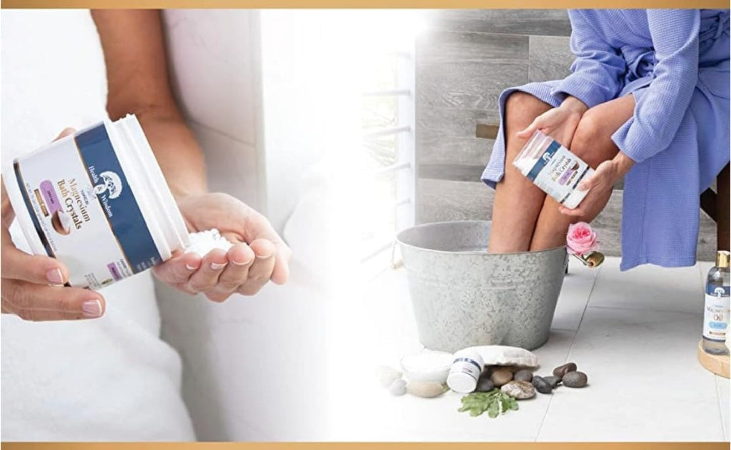 Person holding a container of Magnesium Bath Crystal next to a person in a foot bath