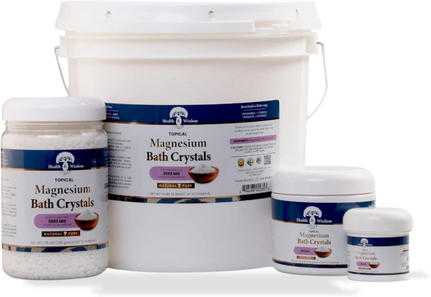 Collection of magnesium bath crystals products including a large bucket and smaller jars on a white background.