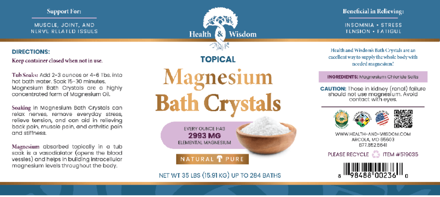 Label of Health & Wisdom Topical Magnesium Bath Crystals with directions and product details.