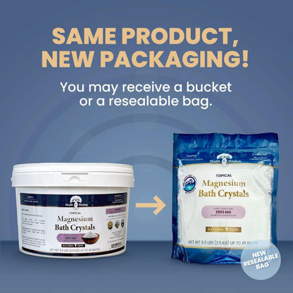 Comparison of a bucket and a resealable bag packaging for magnesium bath crystals on a blue background.