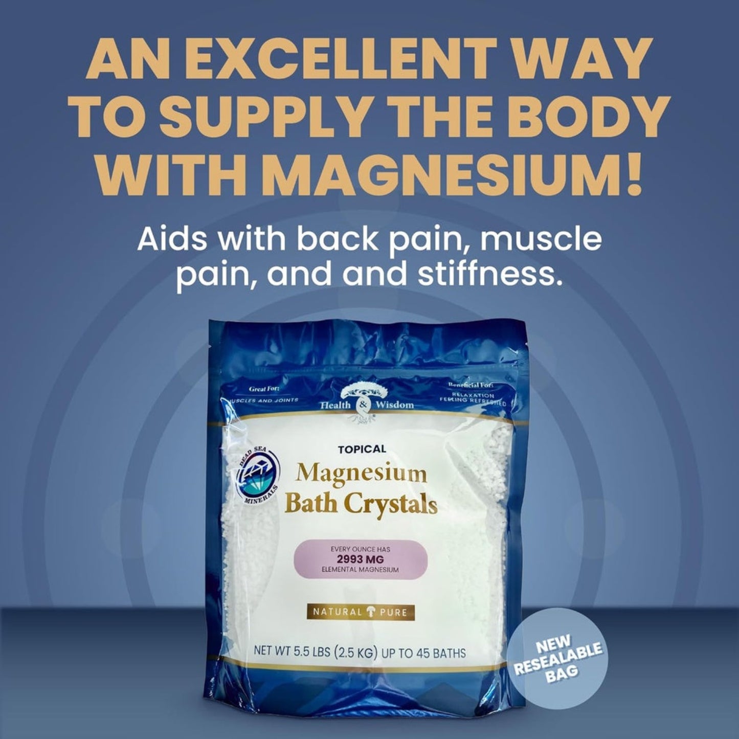 Bag of Topical Magnesium Bath Crystals with promotional text on a blue background