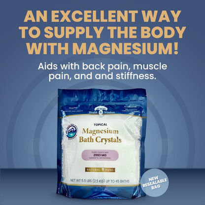 Bag of Topical Magnesium Bath Crystals with promotional text on a blue background