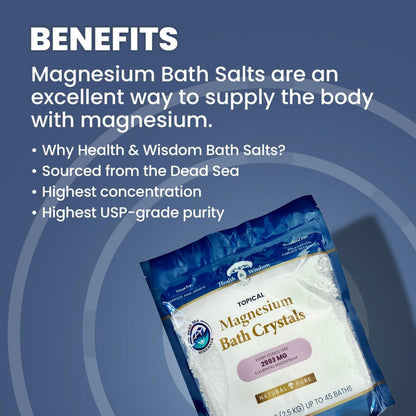 Health & Wisdom Magnesium Bath Salts packaging with text about benefits on a blue background