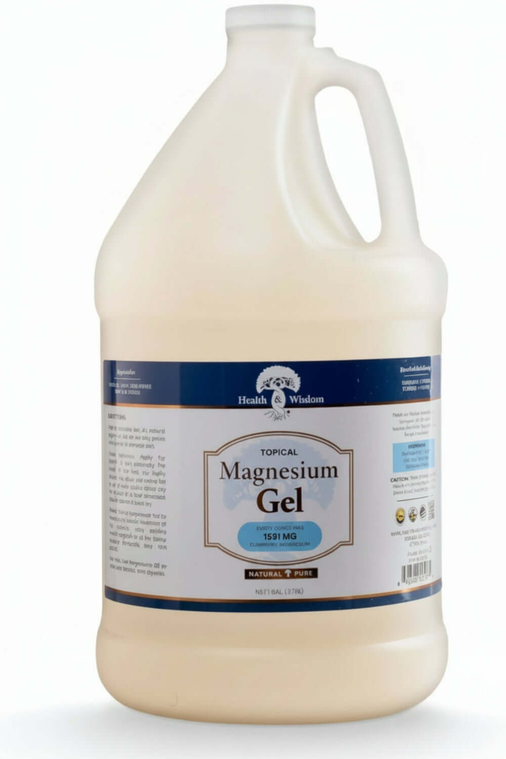 Gallon container of Health Wisdom Magnesium Gel 1 gallon on a white background