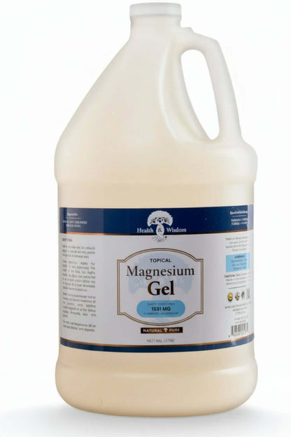 Gallon container of Health Wisdom Magnesium Gel 1 gallon on a white background