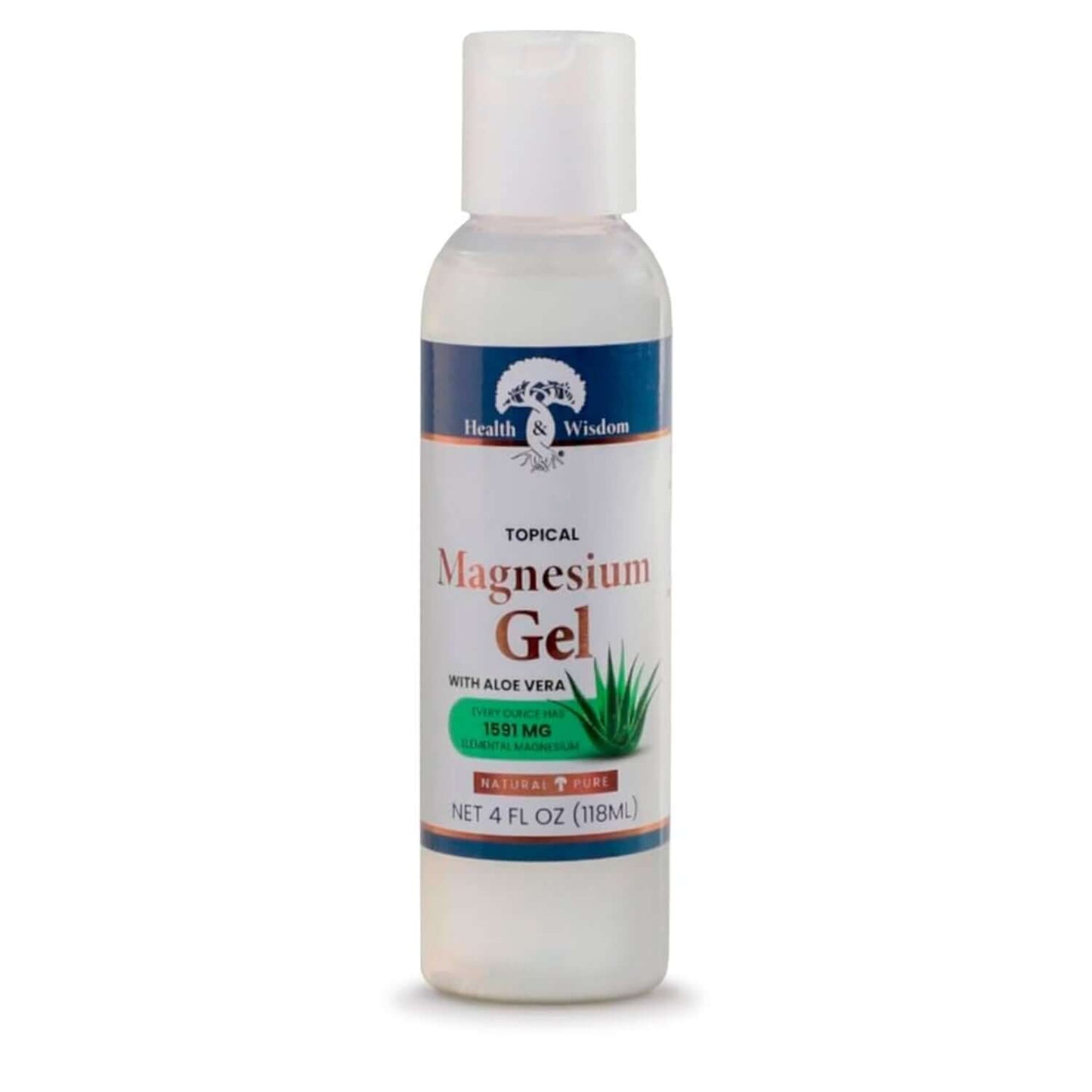 Magnesium Gel with Aloe Vera, Soothing Topical Mineral Rub by Health and Wisdom in a 4 oz bottle.
