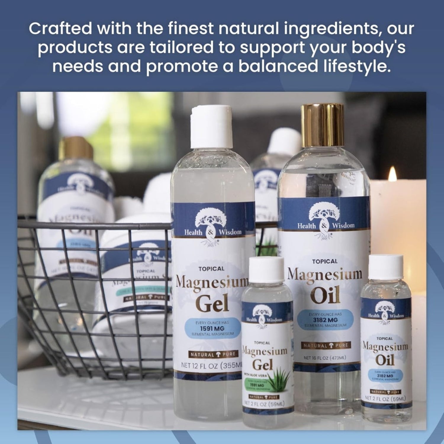 Bottles of magnesium products with a blurred background