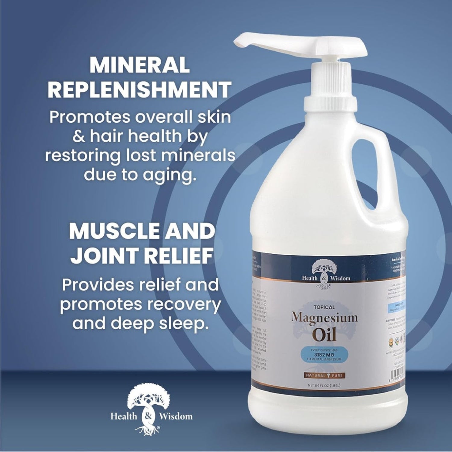 Health & Wisdom Topical Magnesium Oil bottle with text on a blue background