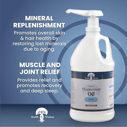 Health & Wisdom Topical Magnesium Oil bottle with text on a blue background
