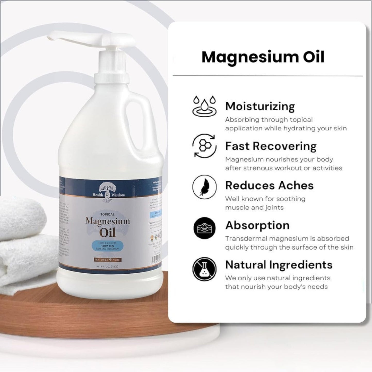 Bottle of magnesium oil with benefits listed on a white background
