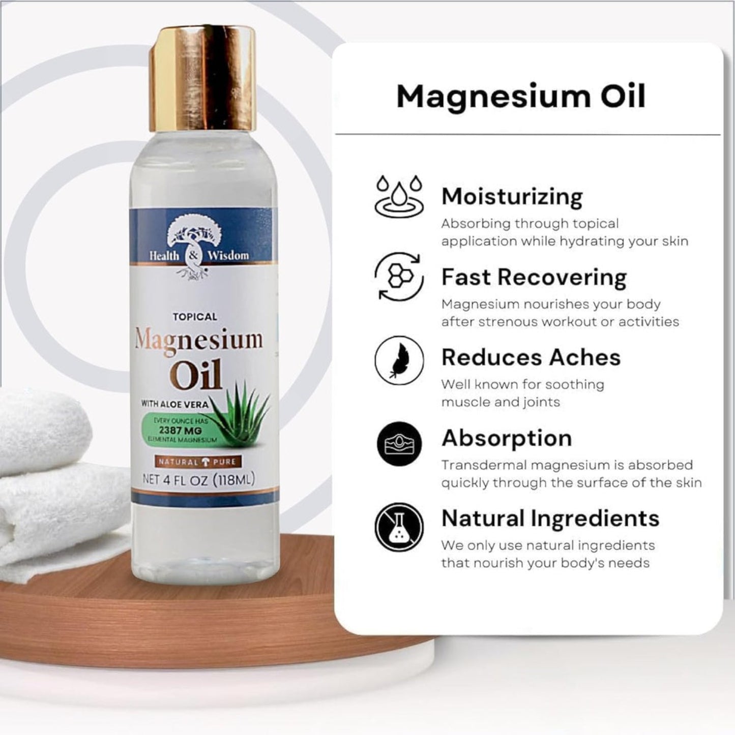 Bottle of magnesium oil with health benefits listed on a white background