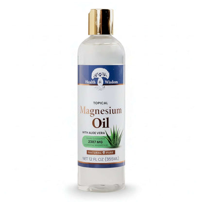 Magnesium Oil with Aloe Vera bottle for Topical Muscle Relief - Health and Wisdom, 12 fl oz, natural and pure.