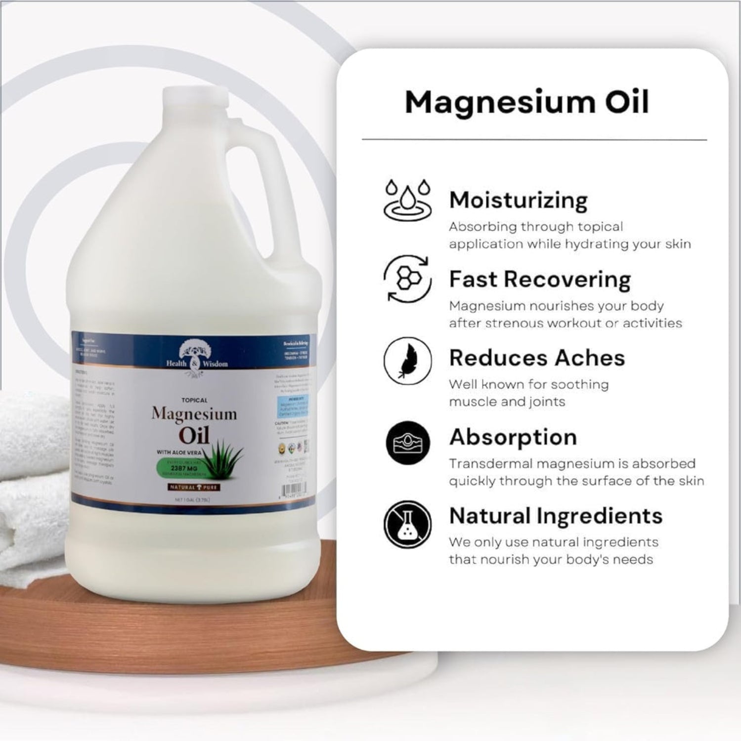 Gallon container of magnesium oil with benefits listed on a white background
