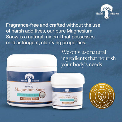 Two containers of Health Wisdom Magnesium Snow on a blue background with text about its properties.