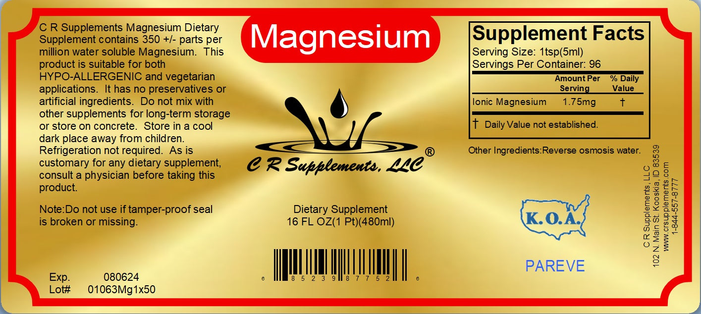 Magnesium - Ionic Liquid Mineral supplement label with nutritional facts for muscle relief and restful sleep.