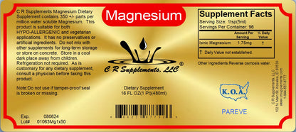 Magnesium - Ionic Liquid Mineral supplement label with nutritional facts for muscle relief and restful sleep.