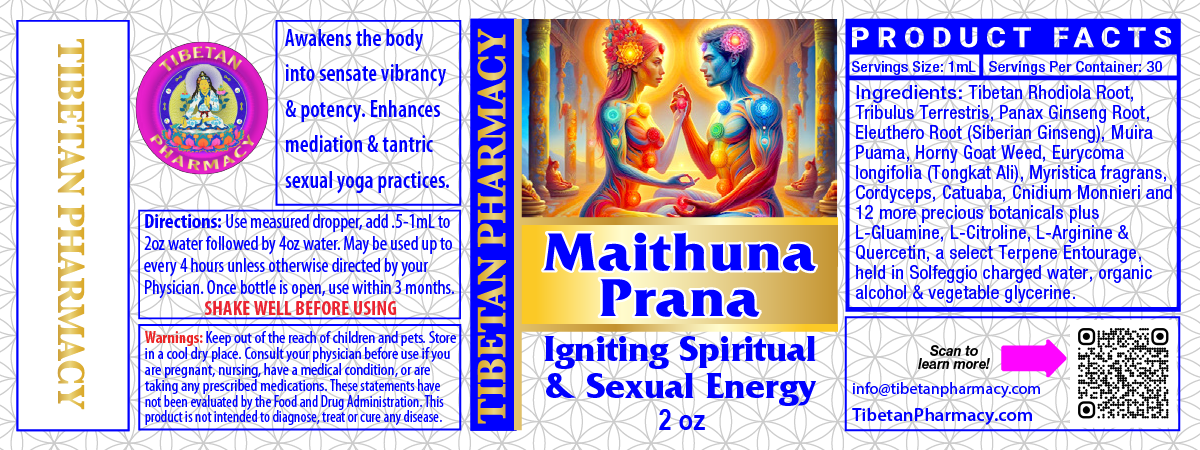 Maithuna Prana for Reproductive Health and Vitality - 2 oz bottle label showcasing Tibetan Pharmacy details