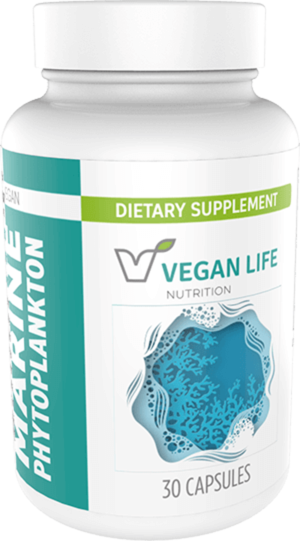 Vegan Life dietary supplement bottle with blue label and white cap