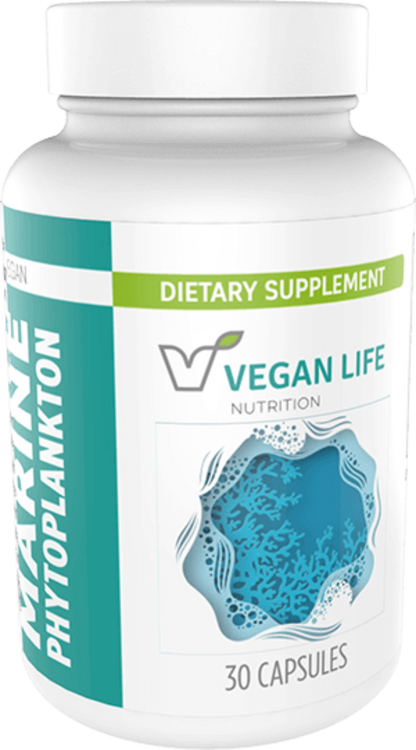 Vegan Life dietary supplement bottle with blue label and white cap