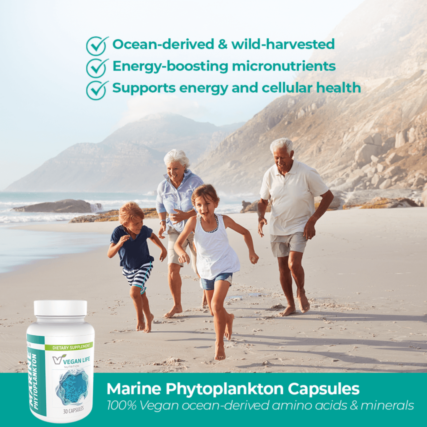 Family running on a beach with a bottle of Marine Phytoplankton Capsules in the foreground.