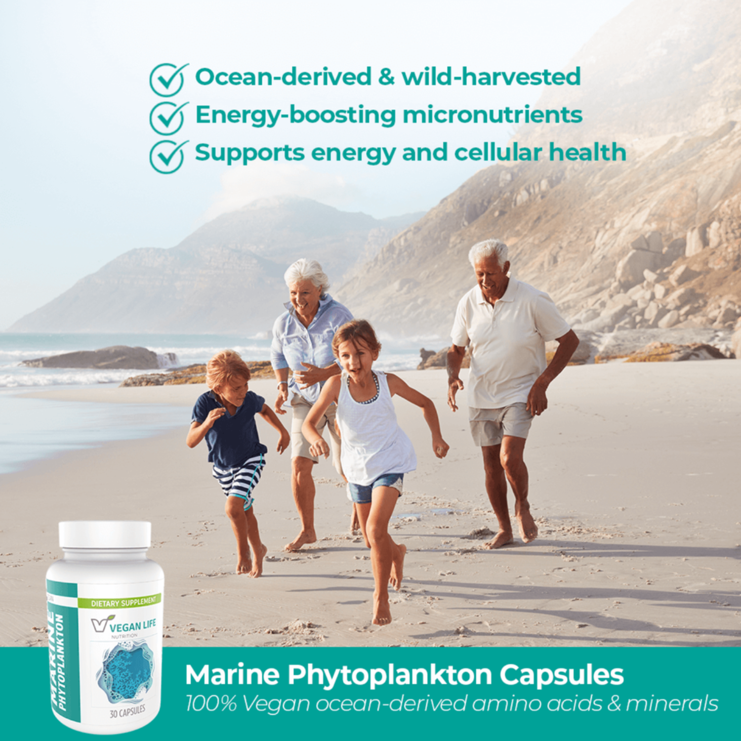 Family running on a beach with a bottle of Marine Phytoplankton Capsules in the foreground.