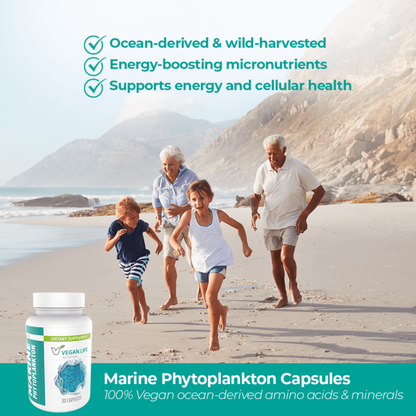 Family running on a beach with a bottle of Marine Phytoplankton Capsules in the foreground.