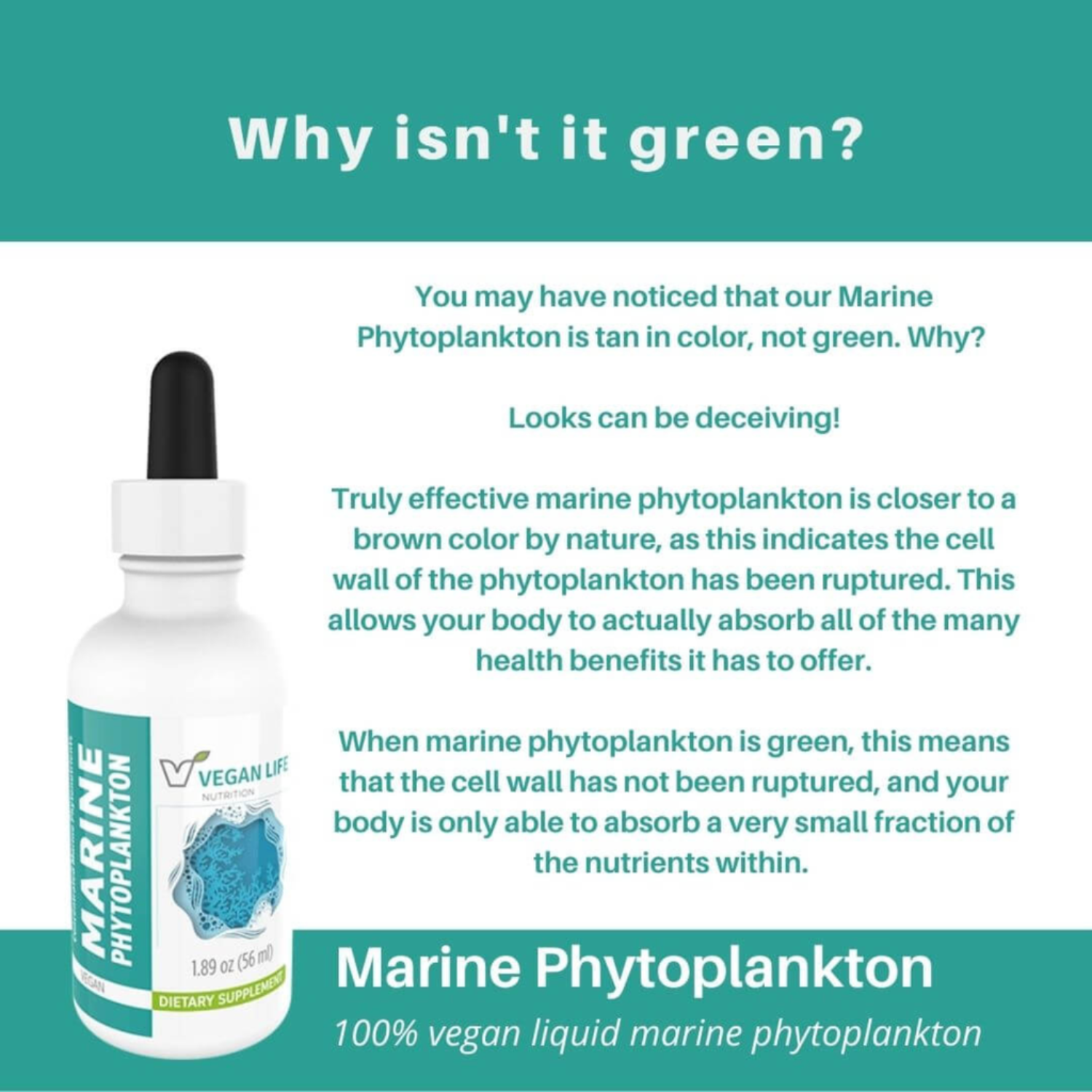 Marine Phytoplankton bottle with educational text about color and effectiveness.