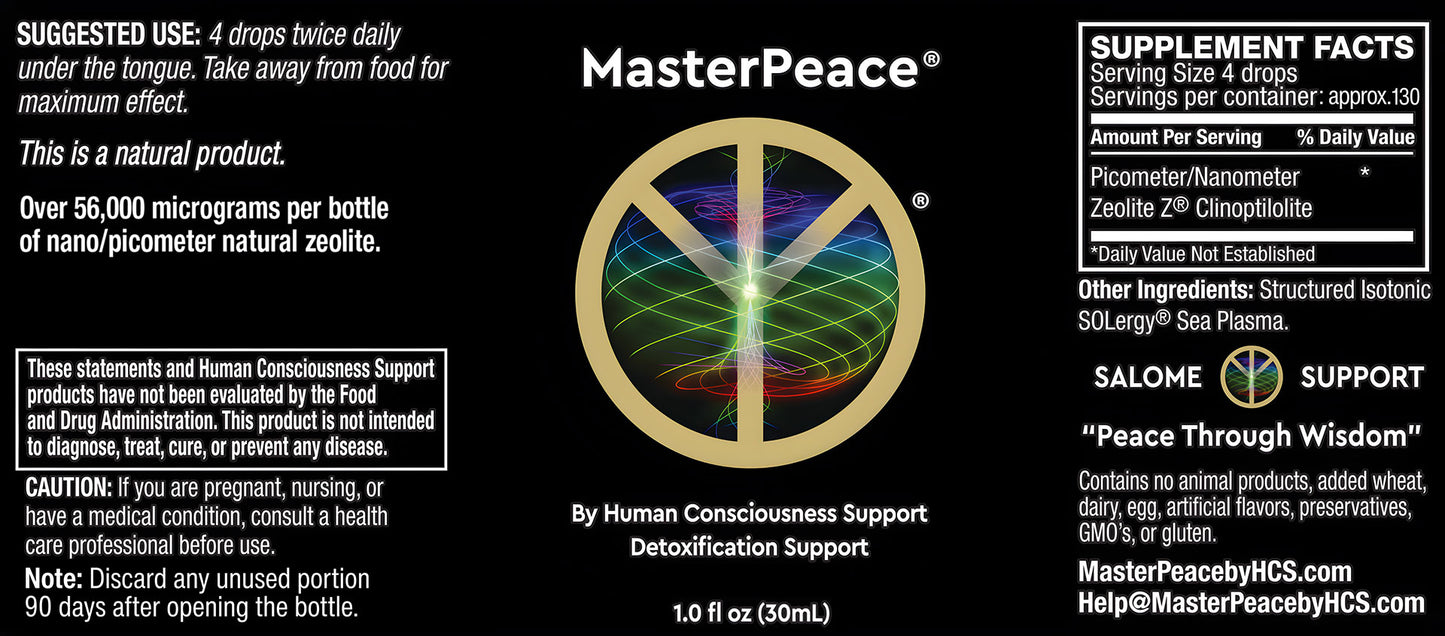 MasterPeace Zeolite Detox Supplement label with dosage instructions and supplement facts.