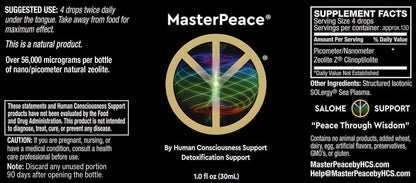 MasterPeace Zeolite Detox Supplement label with dosage instructions and supplement facts.