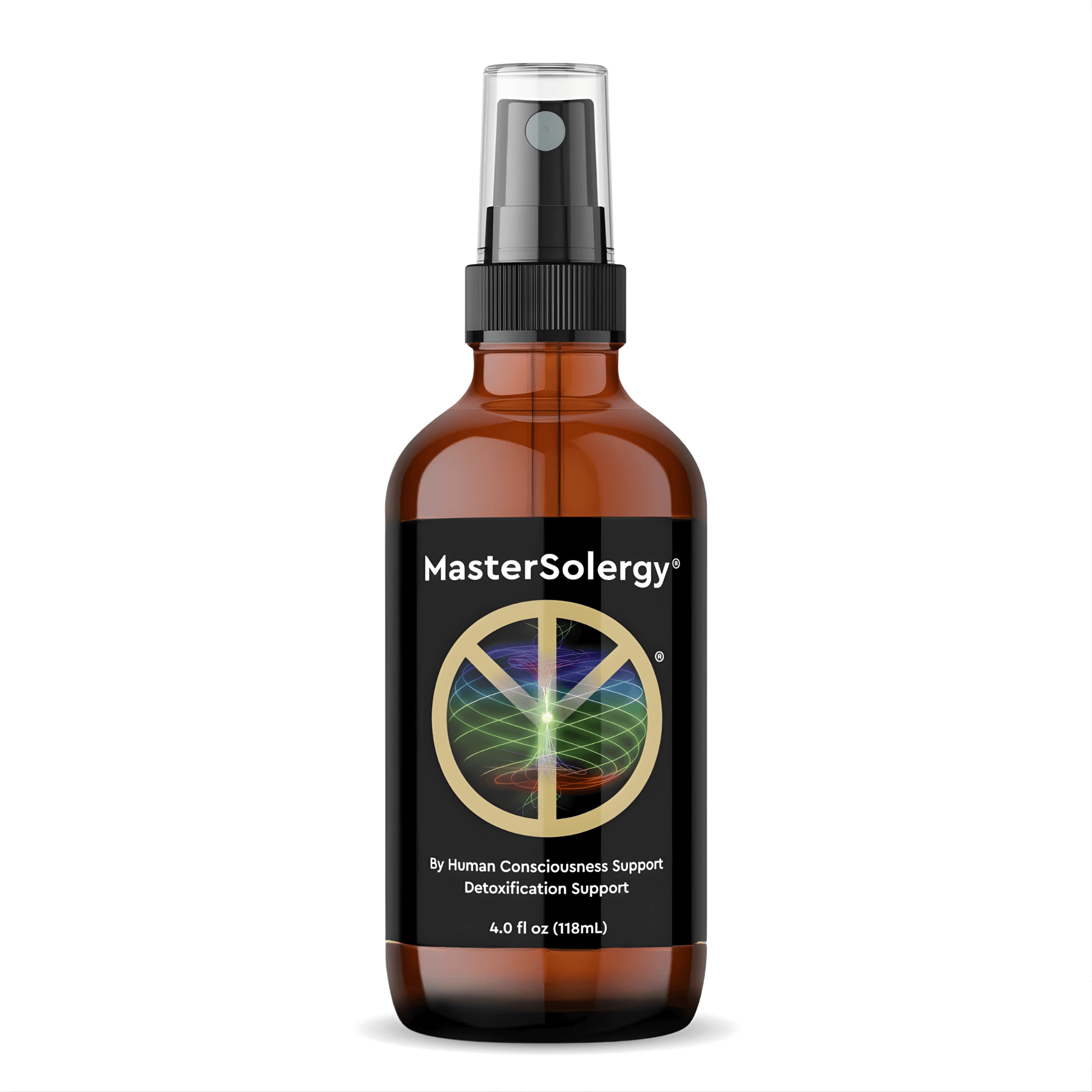 MasterSolergy Zeolite Detox Supplement in a spray bottle, promoting detoxification support for body and mind.
