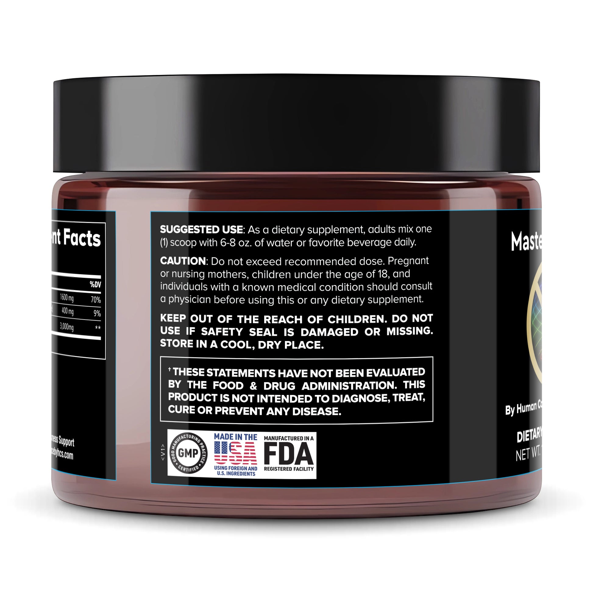 MasterSupport detox supplement container with supplement facts for detoxify and alkalize support.