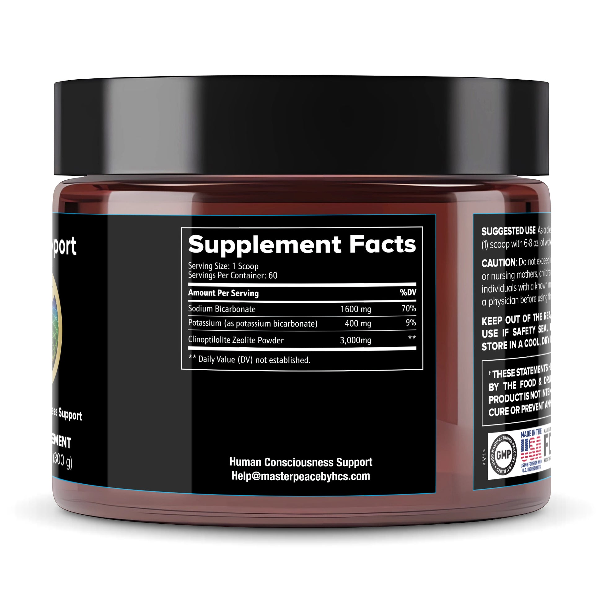 MasterSupport supplement facts label featuring detoxify and alkalize minerals and ingredients.