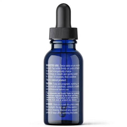 Blue dropper bottle with black cap on a white background