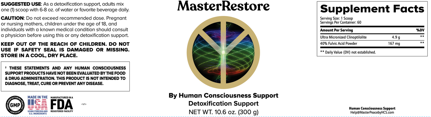 Supplement label for 'MasterRestore' with supplement facts and branding details.