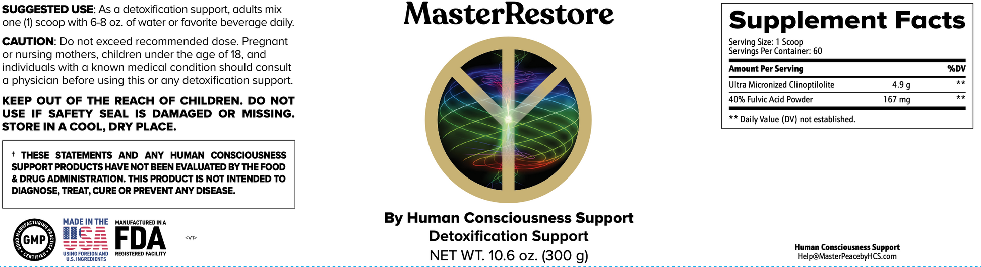 Supplement label for 'MasterRestore' with supplement facts and branding details.