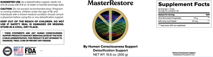 Supplement label for 'MasterRestore' with supplement facts and branding details.
