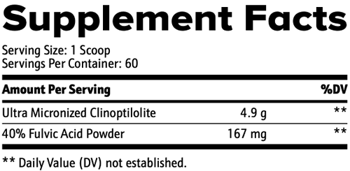 Supplement facts for MasterRestore showing ultra micronized clinoptilolite and fulvic acid powder for Advanced Systemic Detox.