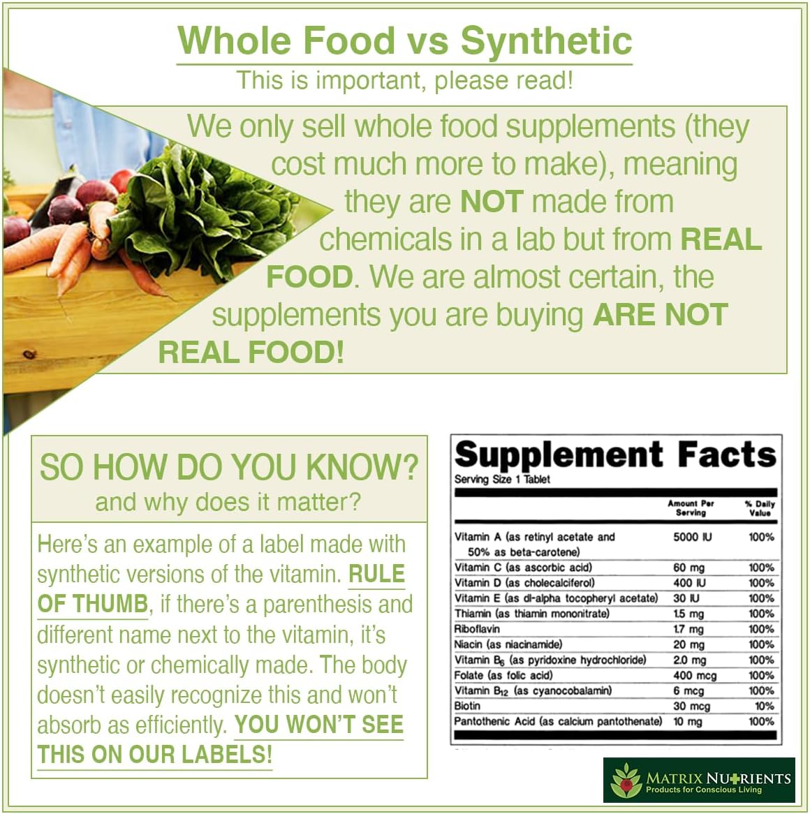 Comparison of whole food vs synthetic supplements with a focus on Matrix Nutrients label.