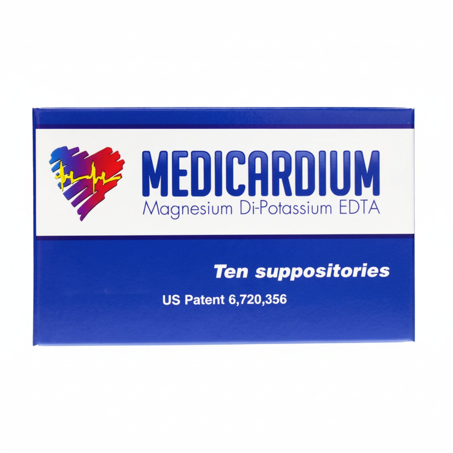 Box of Medicardium magnesium di-potassium EDTA suppositories with colorful logo on a white background