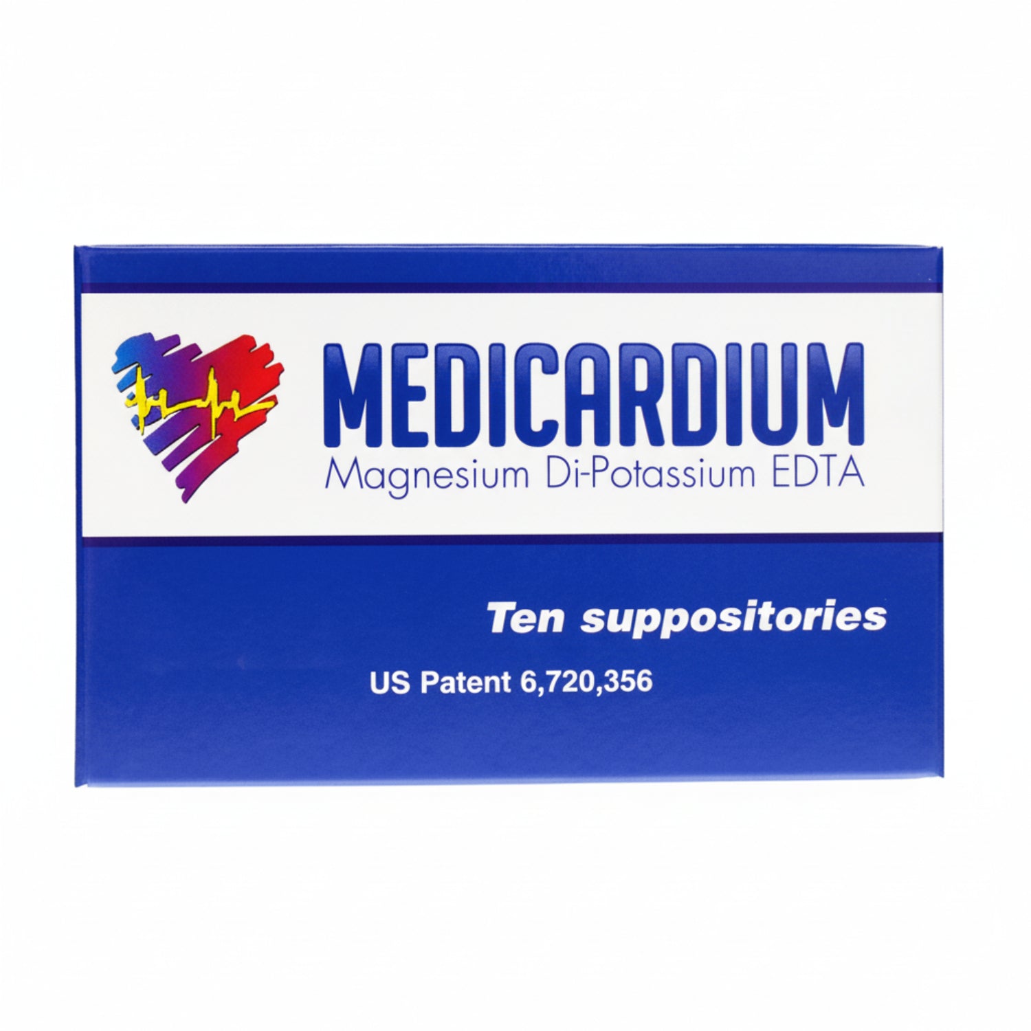 Box of Medicardium magnesium di-potassium EDTA suppositories with colorful logo on a white background