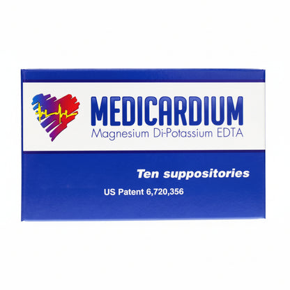 Box of Medicardium magnesium di-potassium EDTA suppositories with colorful logo on a white background